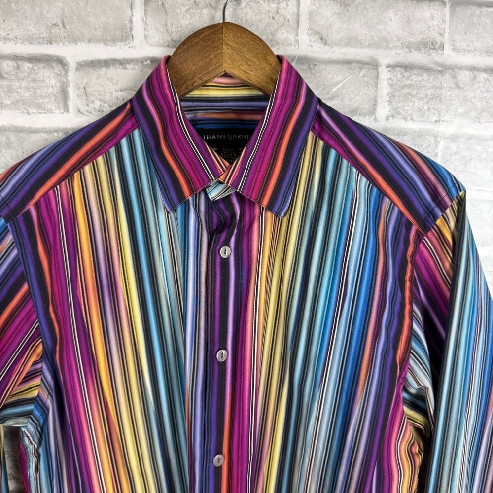 Jhane Barnes Mens Multicolor Vertical Stripe Button Down Shirt Size Medium